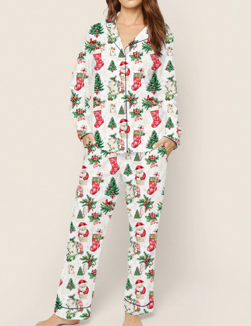Classic Red Toile Holiday Silky Satin Pajama Set For Women