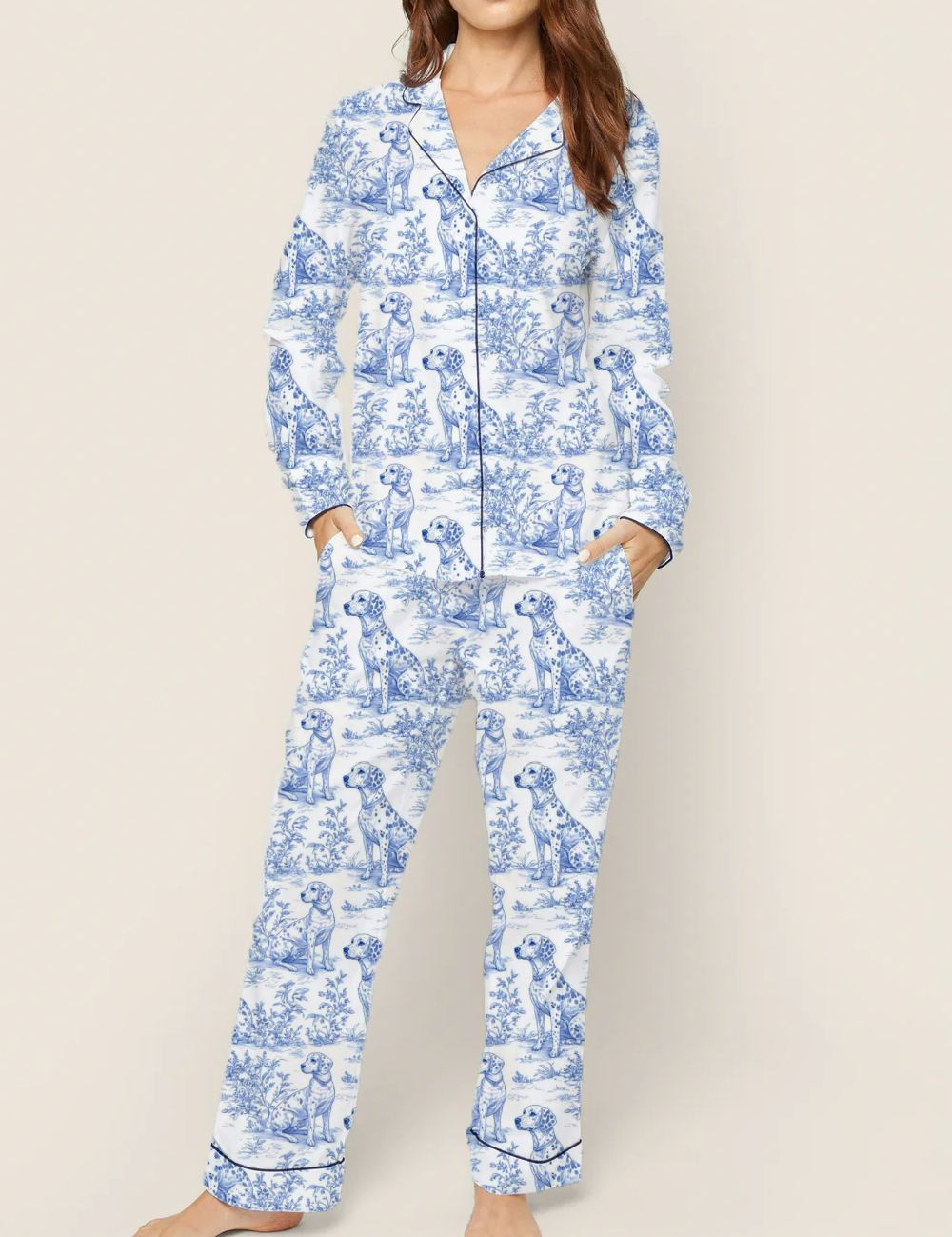 Dalmation Dog Toile Silky Satin Pajama Set For Women
