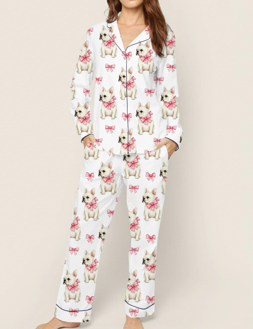 Pink Bow French Bulldogs Silky Satin Pajama Set For Women