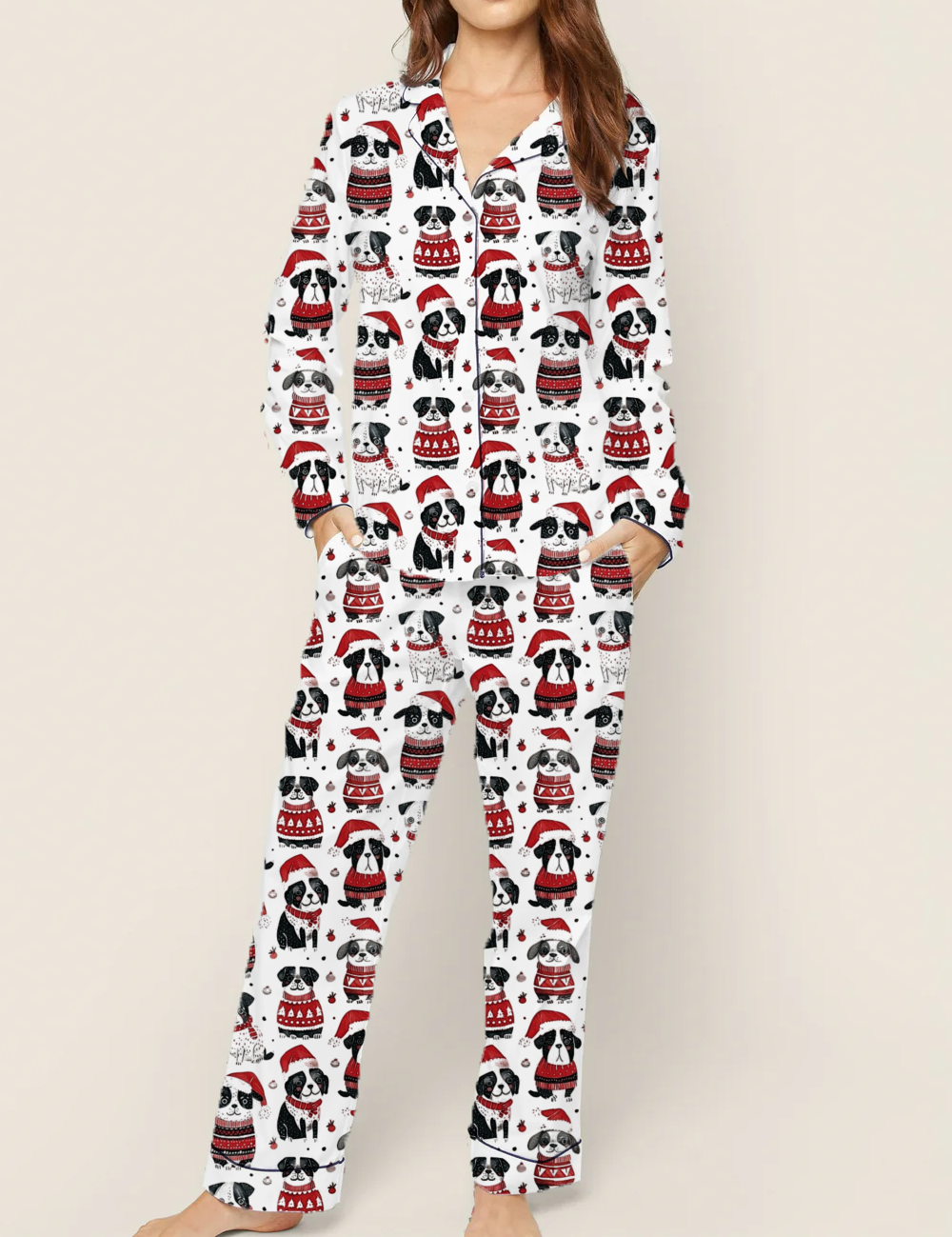 Cute Dogs in Santa Hats Silky Satin Pajama Set For Women