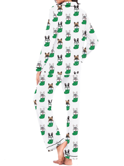 Christmas Stocking French Bulldog Silky Satin Pajama Set For Women