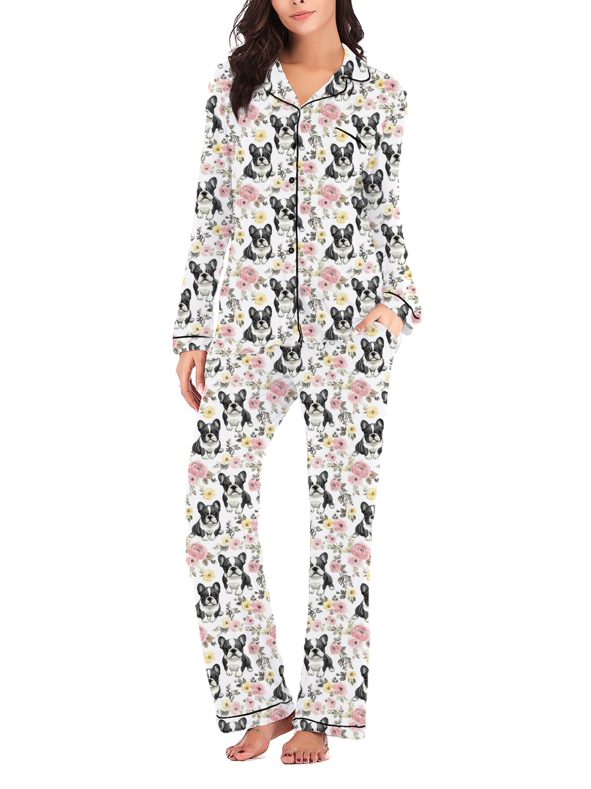 Spring Floral French Bulldog Silky Satin Pajama Set For Women