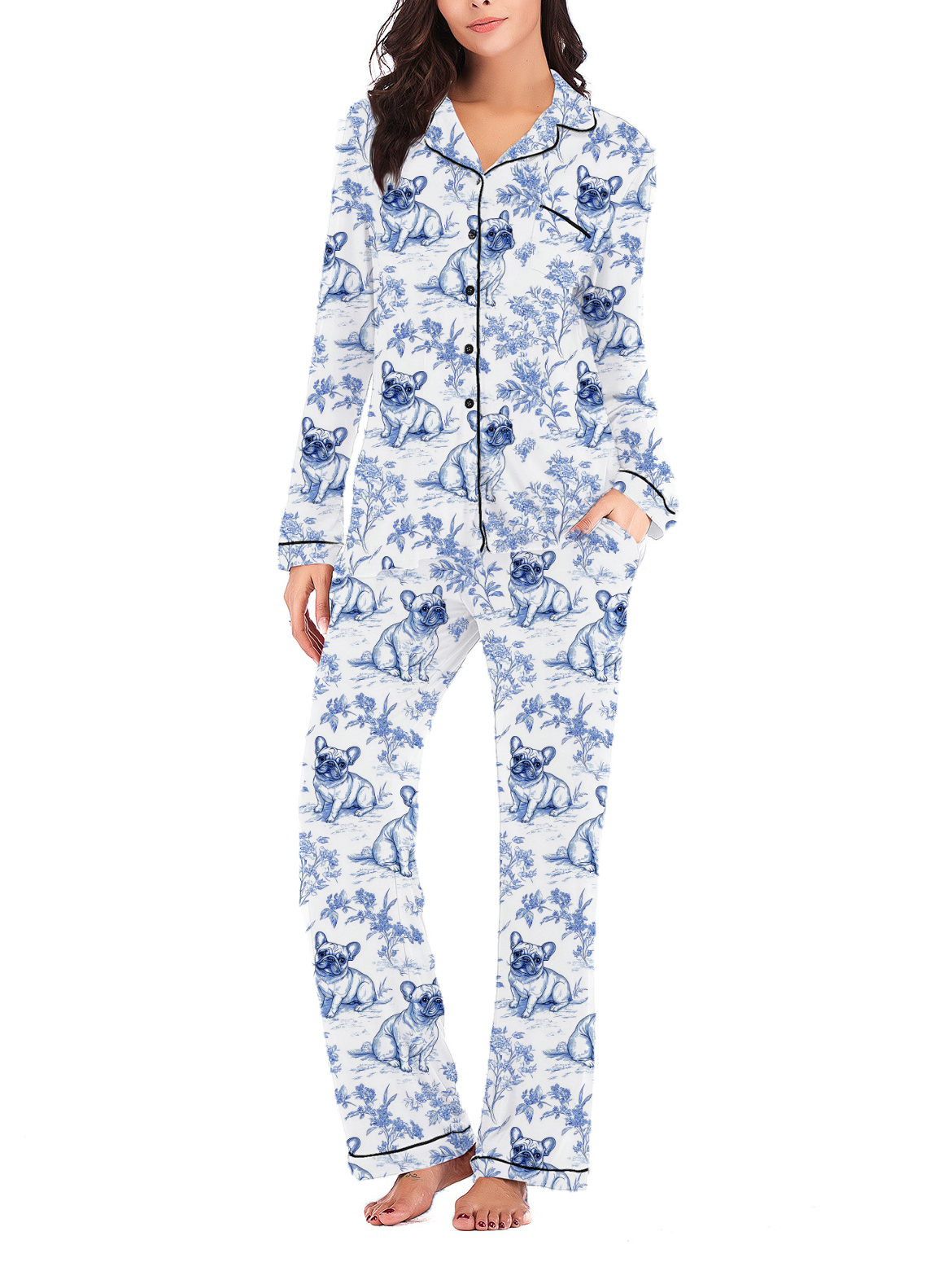 French Bulldogs Toile Silky Satin Long Pajama Set For Women