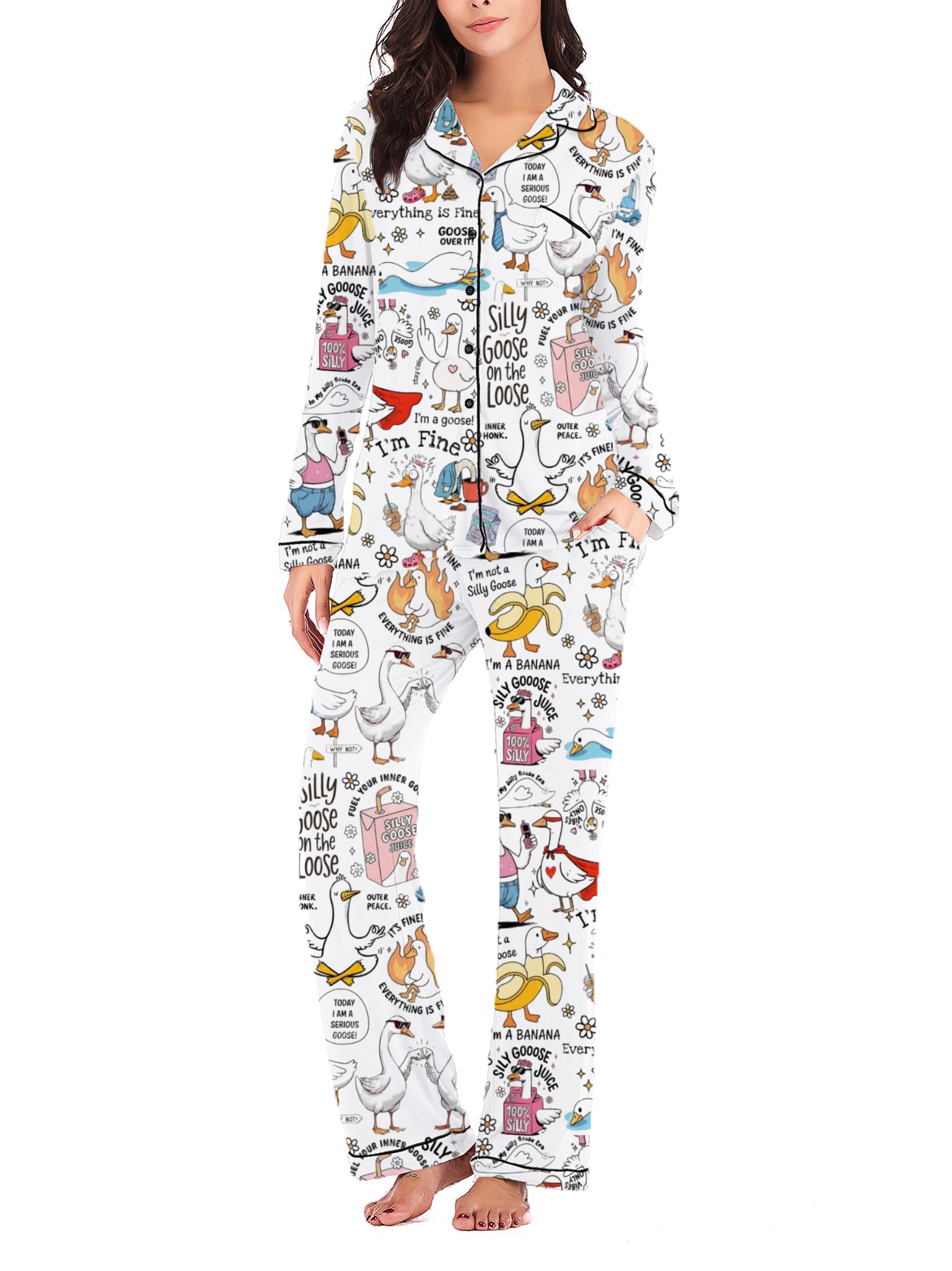 Funny Goose Toile Silky Satin Long Pajama Set For Women