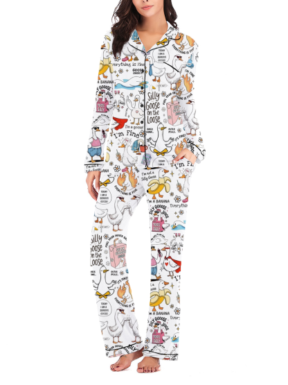 Funny Goose Toile Silky Satin Long Pajama Set For Women