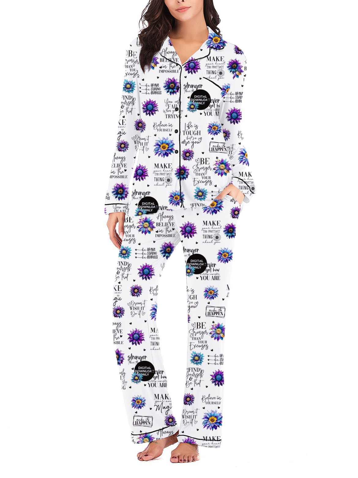 Positive Affirmations Silky Satin Long Pajama Set For Women