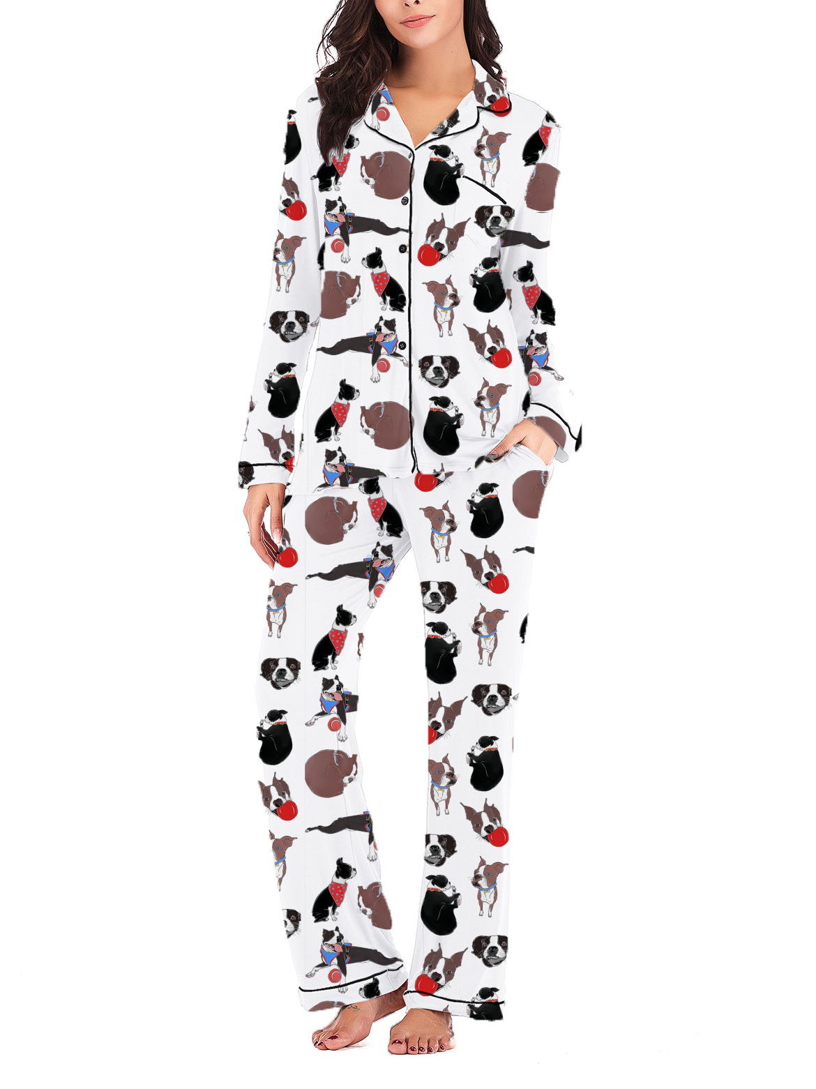 Boston Terrier Silky Satin Long Pajama Set For Women