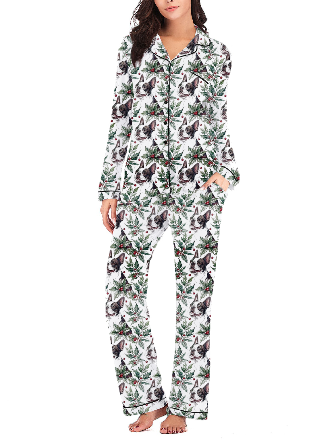 Boston Terrier Christmas Silky Satin Long Pajama Set For Women