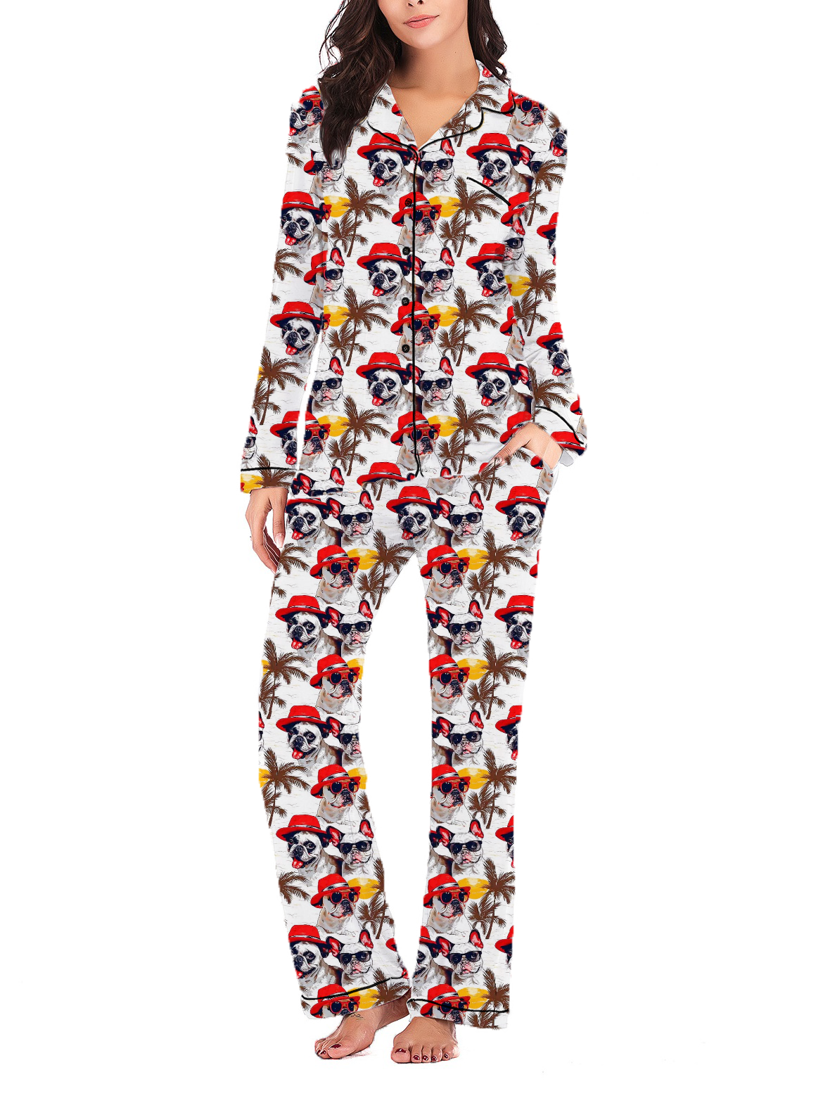 Adorable French Bulldog Beach Fun & Sunshine Silky Satin Long Pajama Set For Women