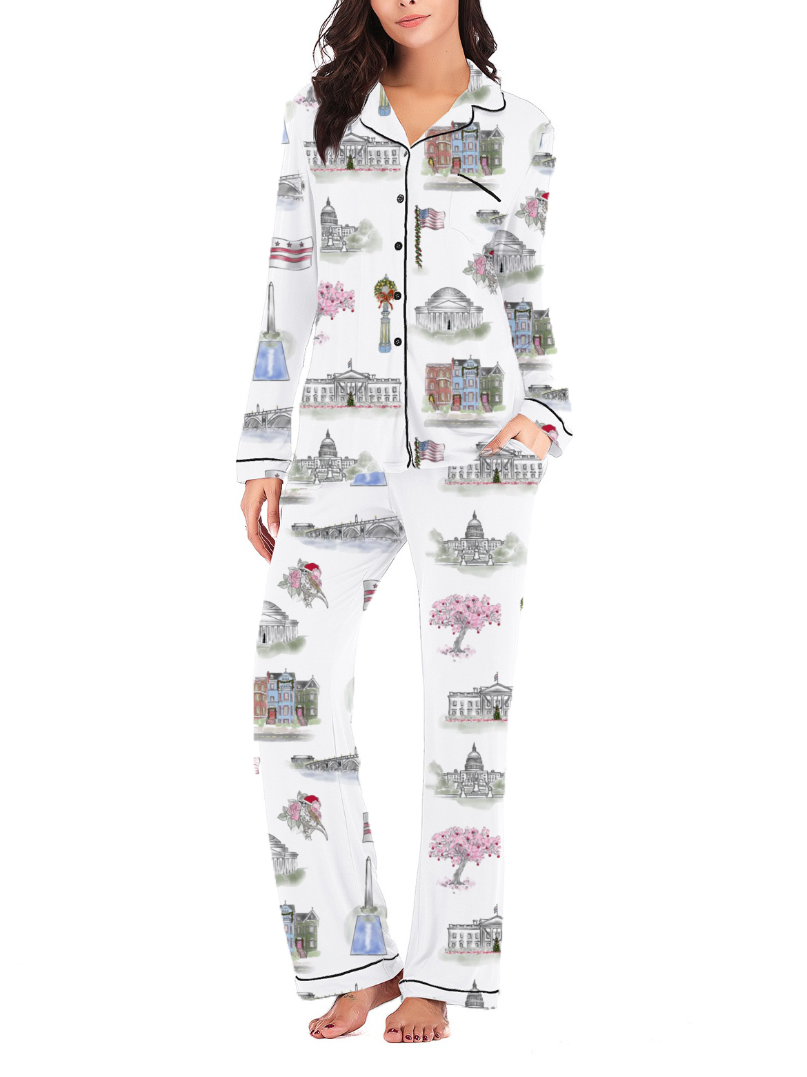 Washington DC Christmas Silky Satin Long Pajama Set For Women