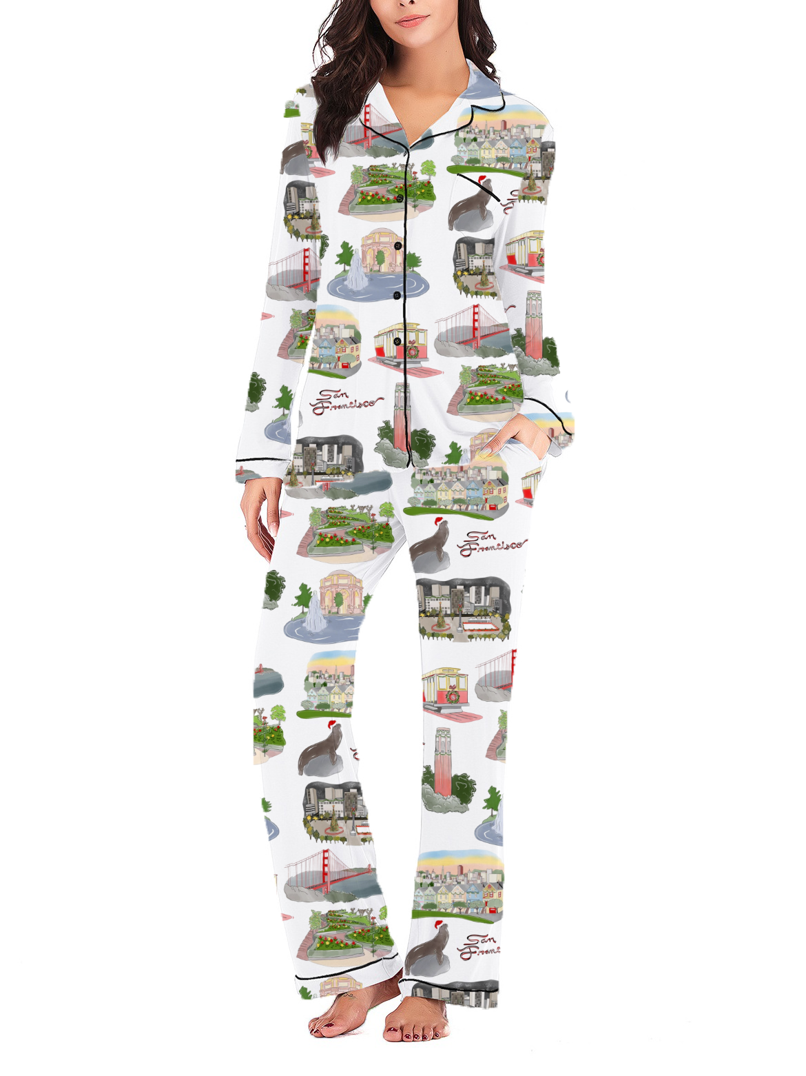 San Francisco Christmas Silky Satin Long Pajama Set For Women