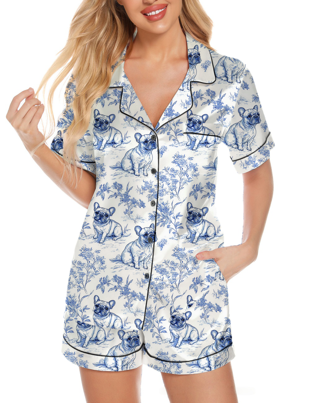 French Bulldogs Toile Silky Satin Pajama Set For Women
