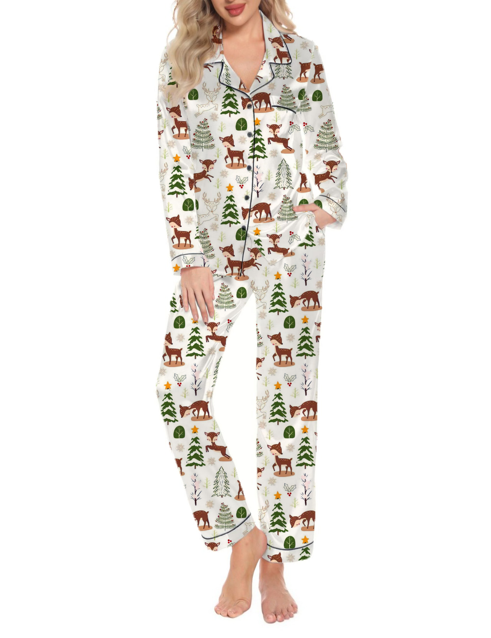 Christmas Holiday Silky Satin Long Pajama Set For Women