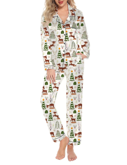 Christmas Holiday Silky Satin Long Pajama Set For Women