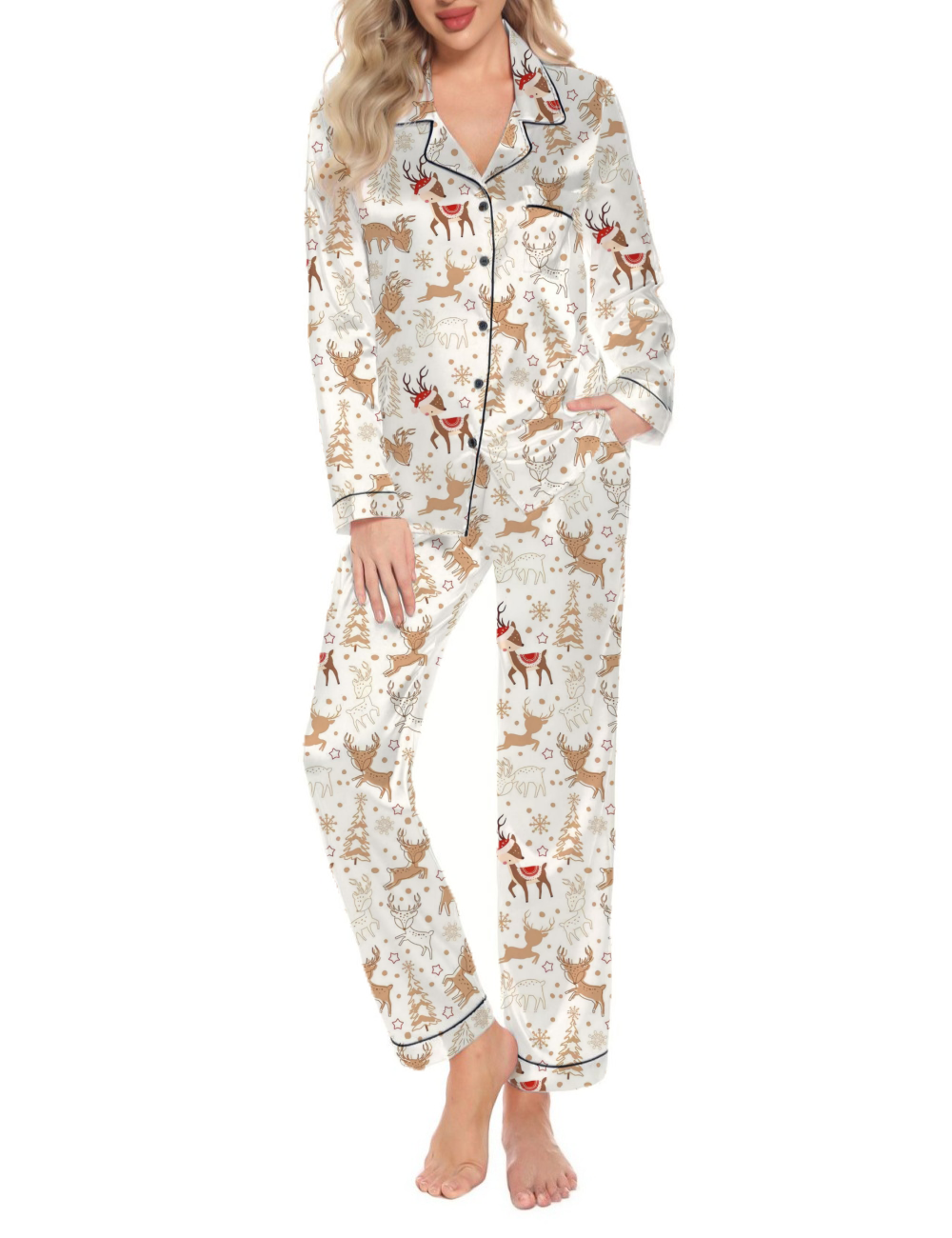 Christmas Holiday Silky Satin Long Pajama Set For Women