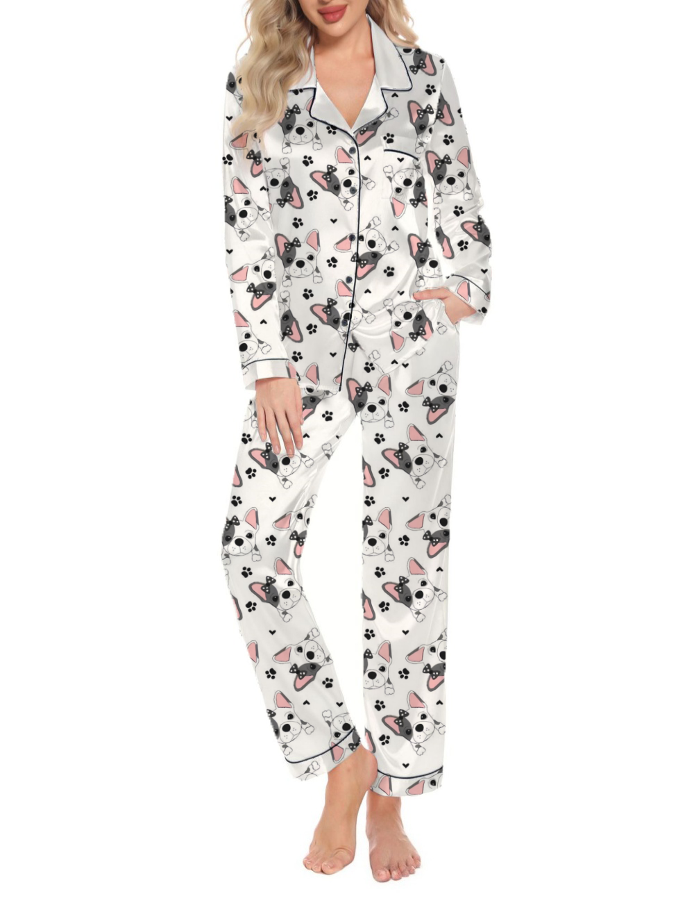 Adorable French Bulldog Silky Satin Long Pajama Set For Women