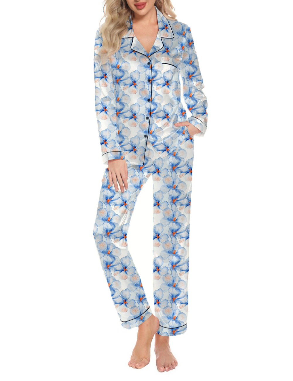 Spring Blue Orange Silky Satin Long Pajama Set For Women