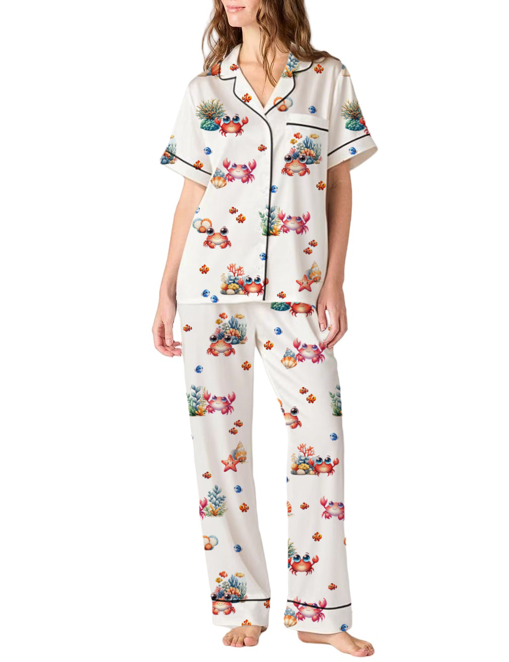 Crab Silky Satin Pajama Pants Set For Women