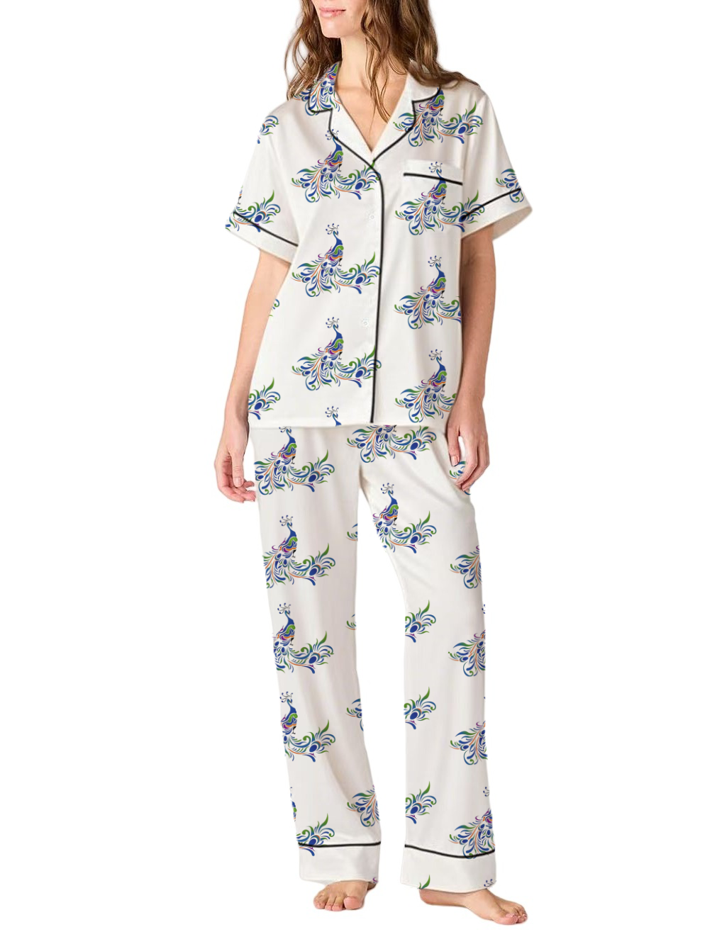 Peacock Silky Satin Pajama Pants Set For Women