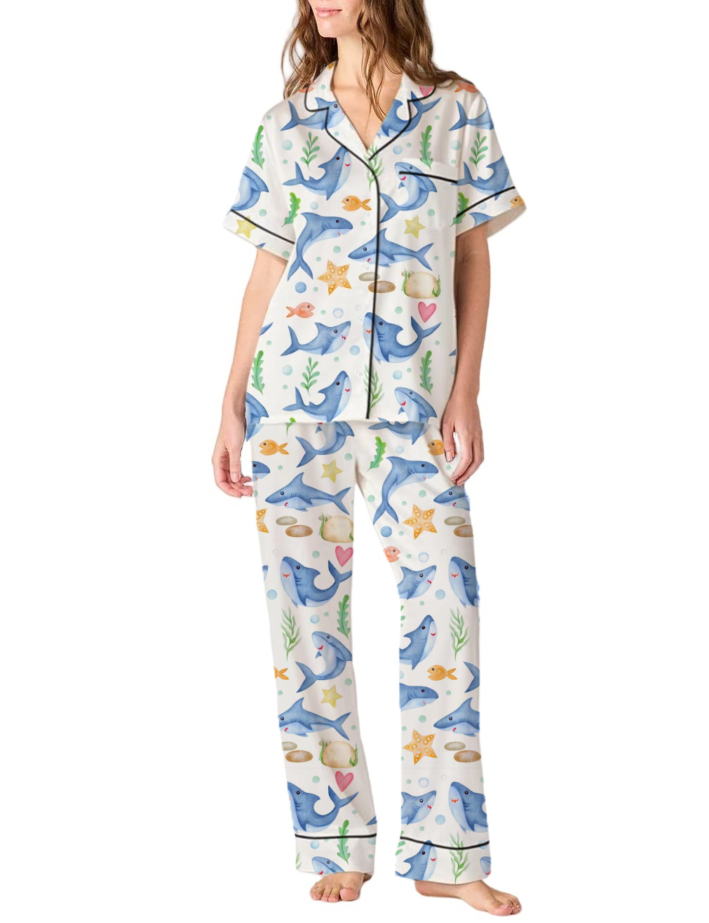 Cartoon Shark Silky Satin Pajama Pants Set For Women