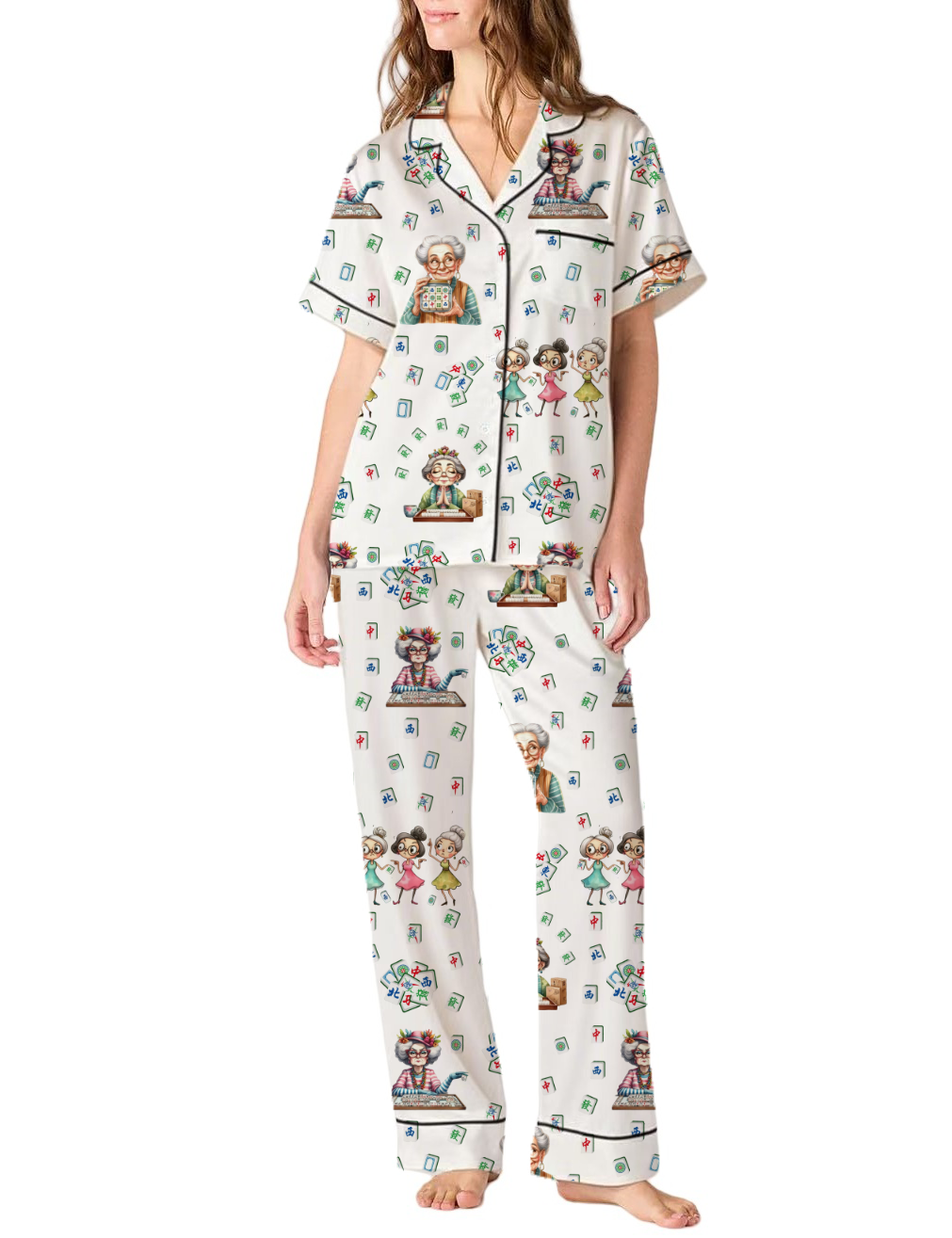 Elderly Women With Mahjong Silky Satin Pajama Pants Set For Women