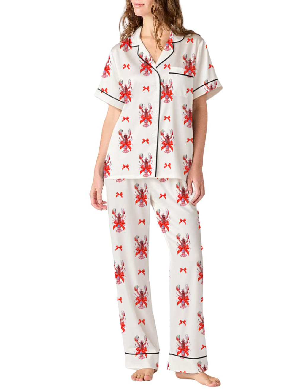Coquette Lobster Silky Satin Pajama Pants Set For Women