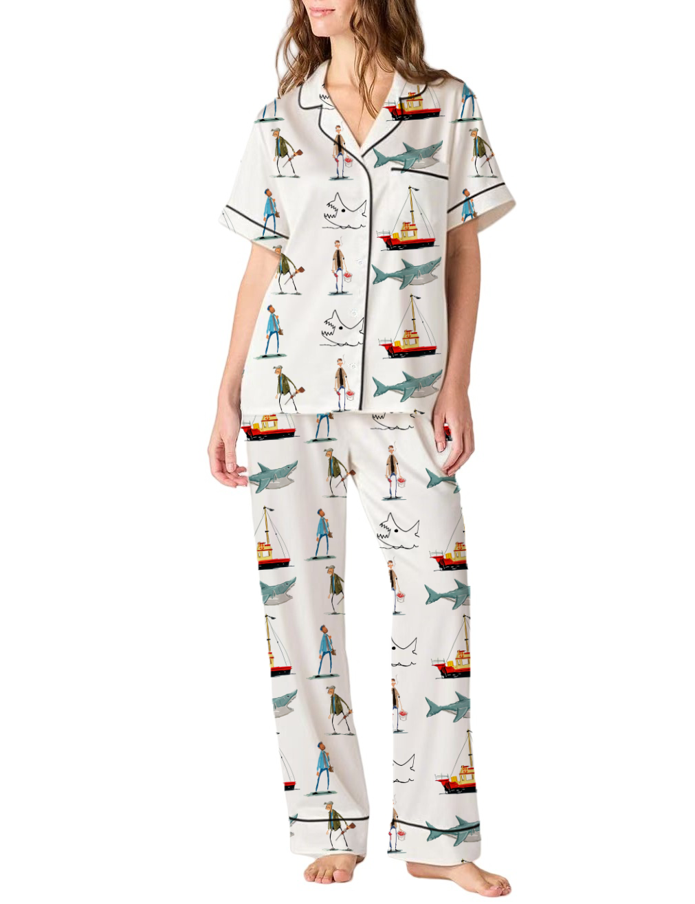 Shark Silky Satin Pajama Pants Set For Women