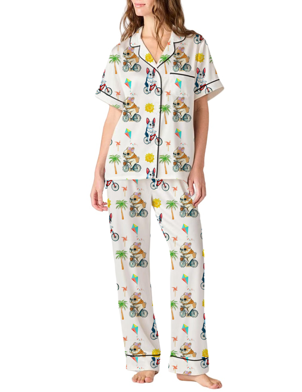 Funny French Bulldog Silky Satin Pajama Pants Set For Women