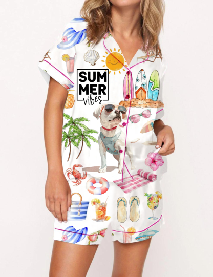 Summer Vibes With Bulldog Silky Satin Pajama Short Set For Women