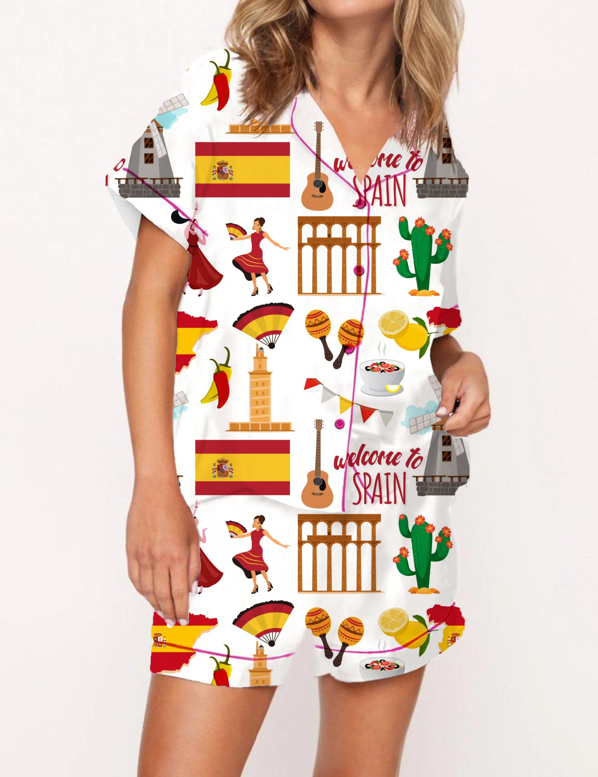 Spain Travel Silky Satin Pajama Short Set For Women