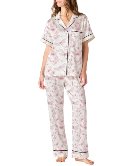 Dragonfly Silky Satin Pajama Pants Set For Women