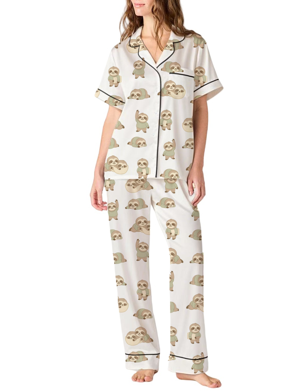 Cartoon Sloth Silky Satin Pajama Pants Set For Women