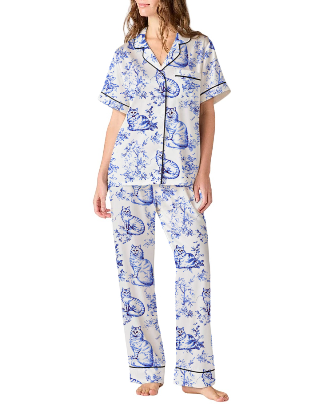Cat Toile Silky Satin Pajama Pants Set For Women