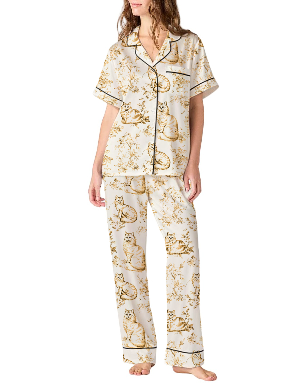 Cat Toile Silky Satin Pajama Pants Set For Women