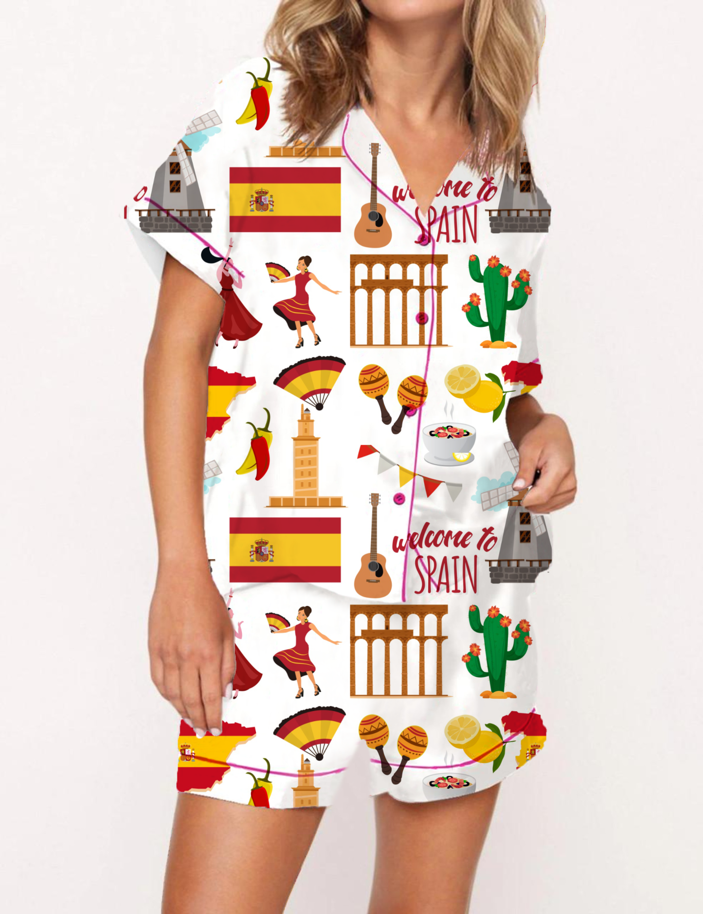 Spain Travel Silky Satin Pajama Short Set For Women