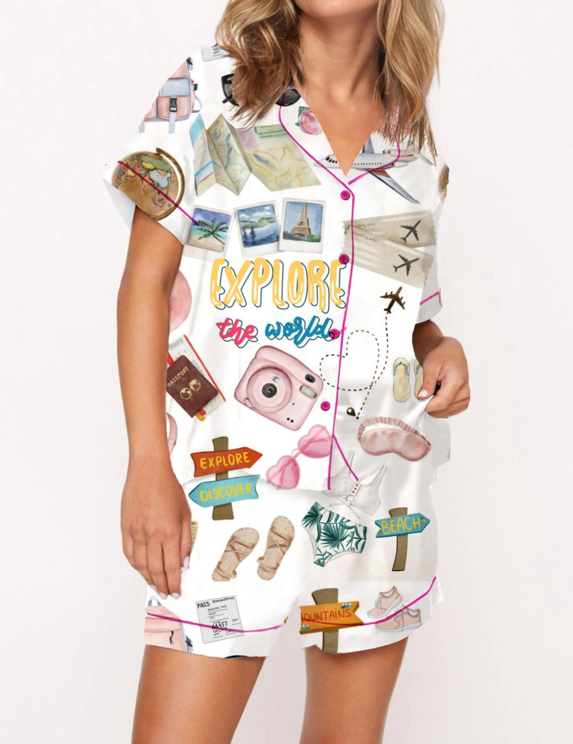 Explore the world Travel Silky Satin Pajama Short Set For Women