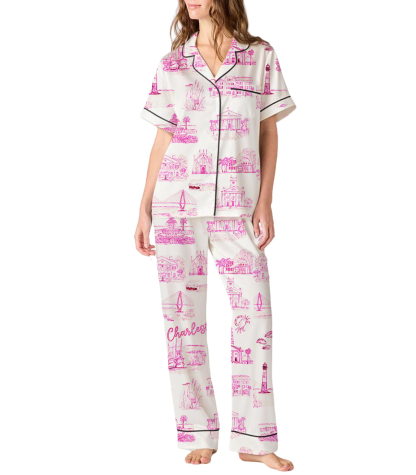 Charleston Toile Silky Satin Pajama Pants Set For Women