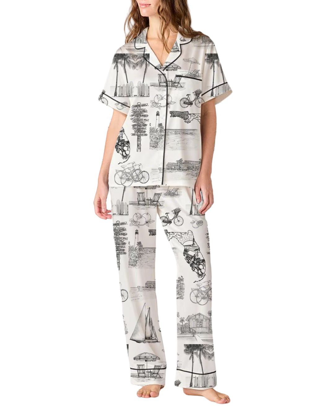 Florida Toile Silky Satin Pajama Pants Set For Women