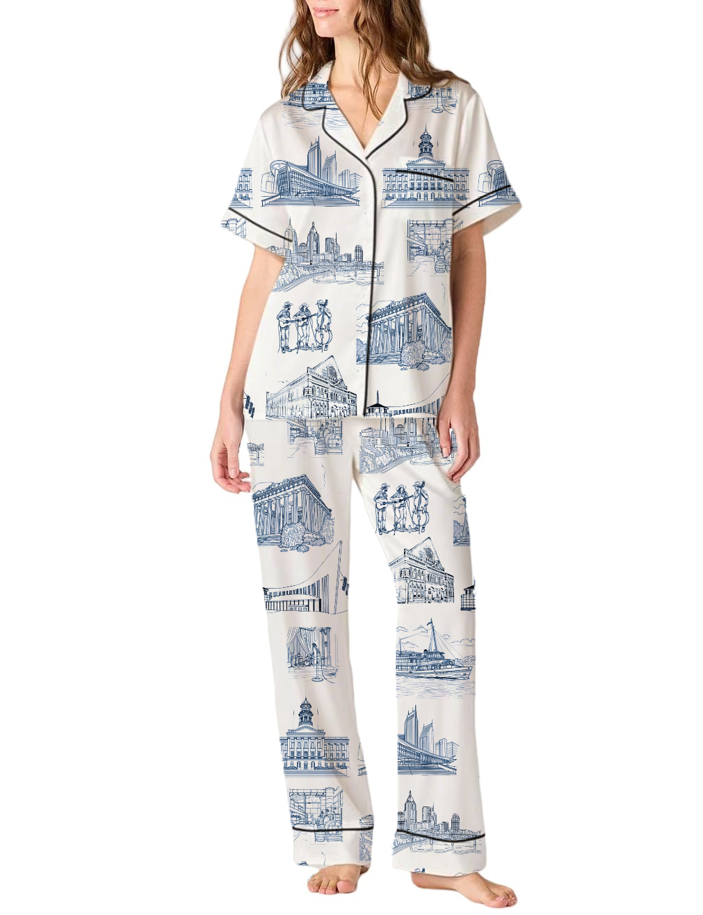 Nashville Toile Silky Satin Pajama Pants Set For Women