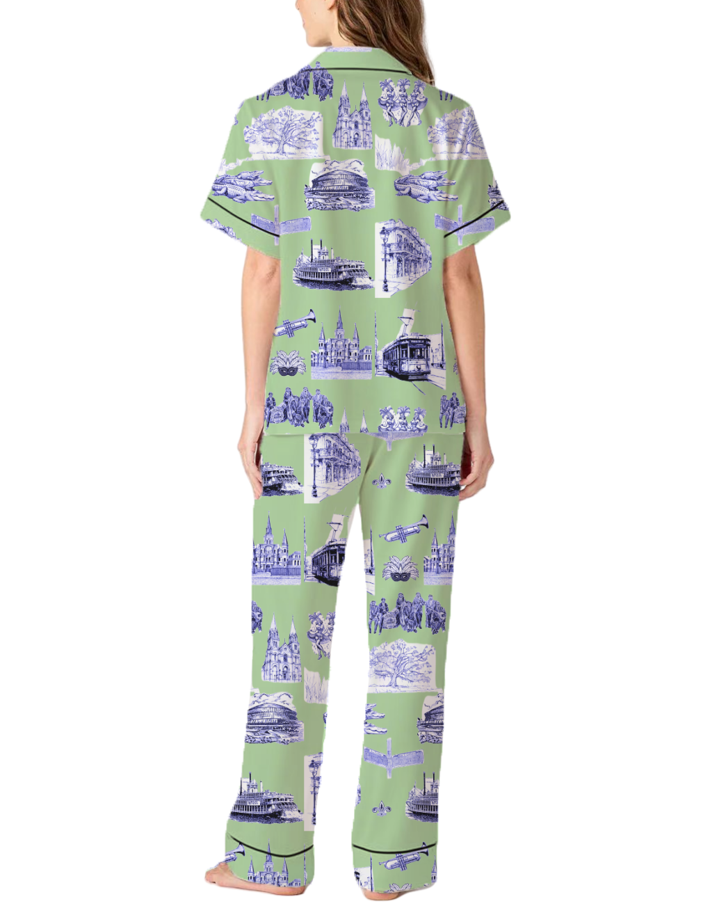 New Orleans Toile Silky Satin Pajama Pants Set For Women