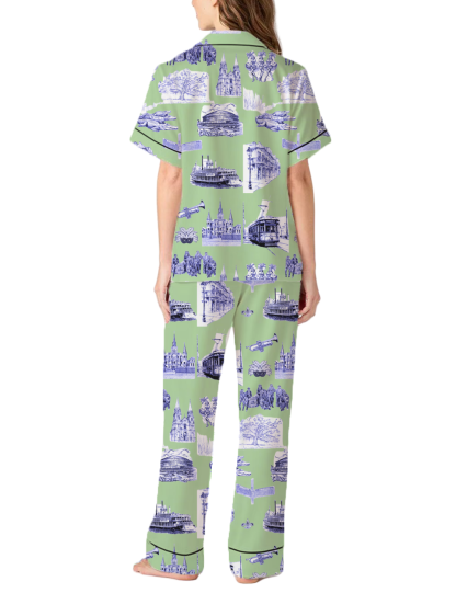 New Orleans Toile Silky Satin Pajama Pants Set For Women