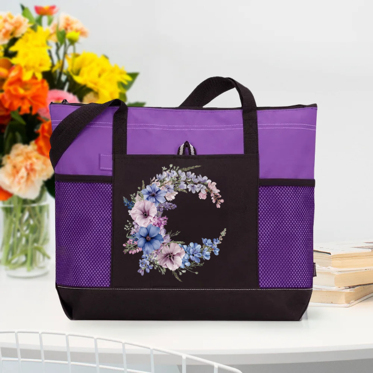 Personalized Birth Flower Wreath Large Tote Bag with Name and Mesh Pockets Travel Essentials Birthday Gift for Women