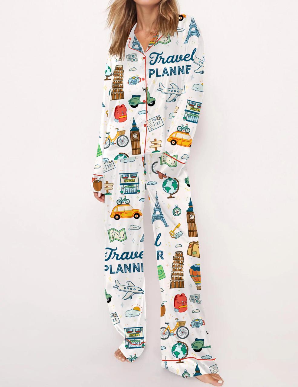 Travel Planner Satin Pajama Set For Women