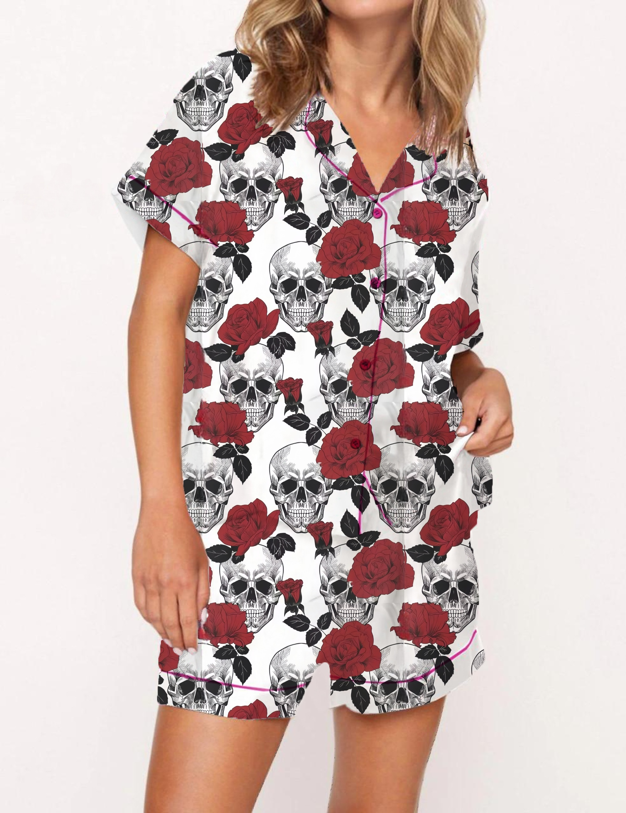 Floral Skull Satin Pajama Short Set