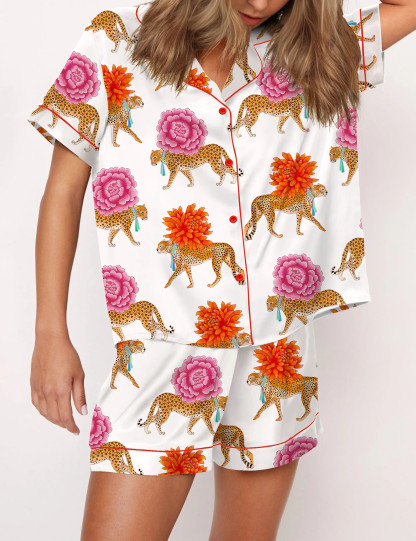 Chinoiserie Cheetah Silky Satin Pajama Set For Women