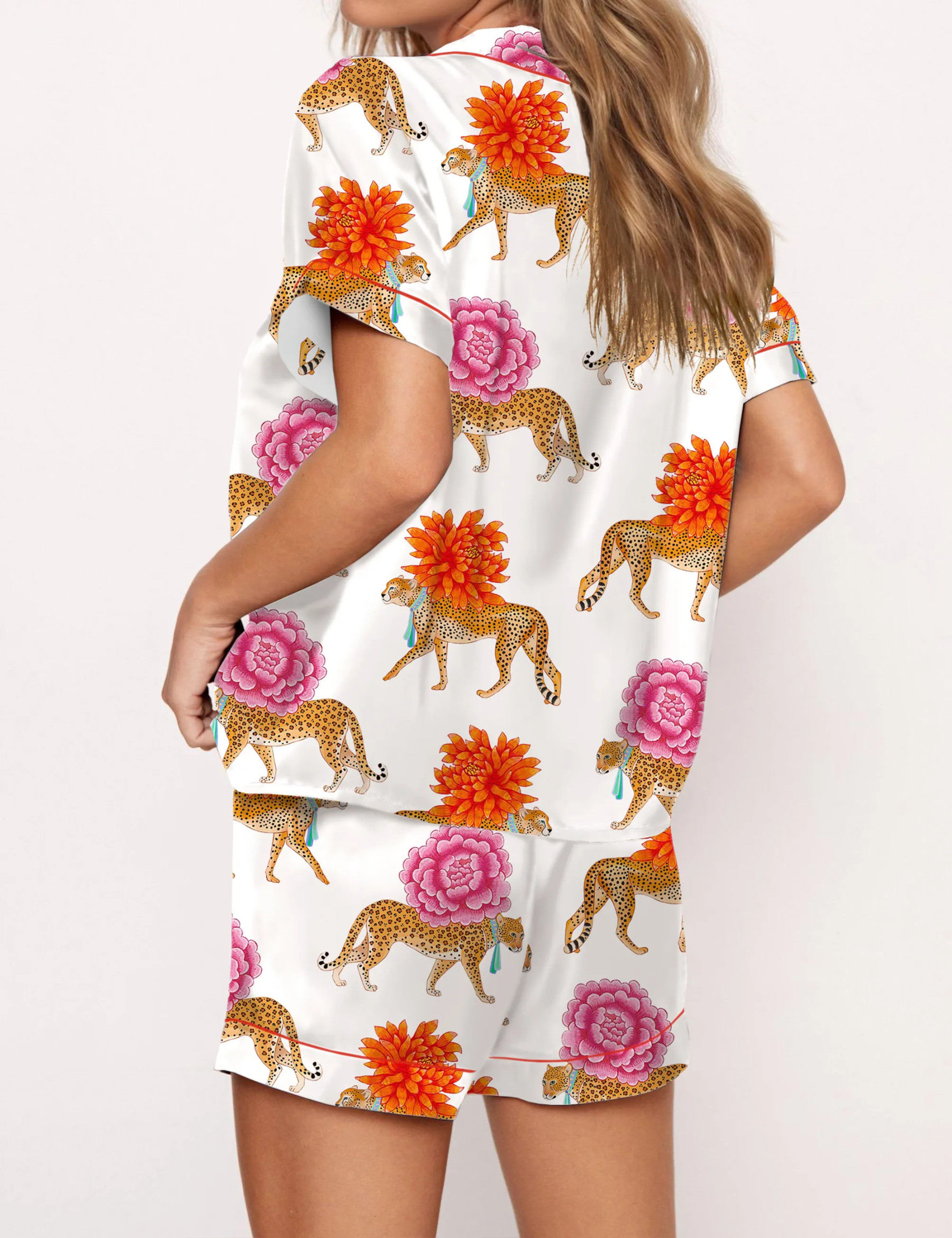 Chinoiserie Cheetah Silky Satin Pajama Set For Women