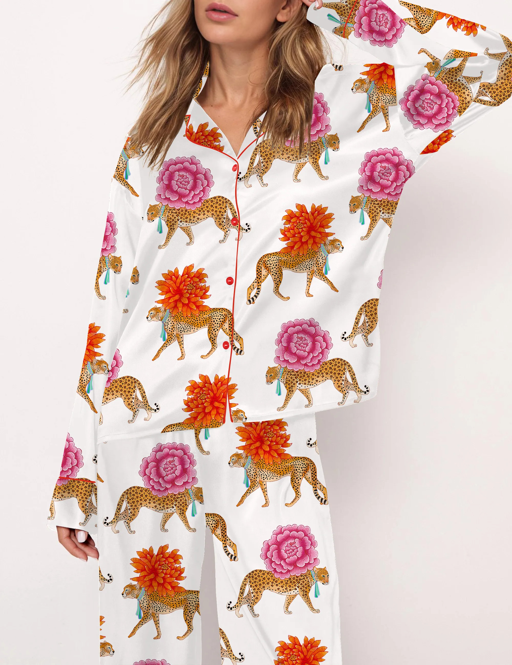 Chinoiserie Cheetah Silky Satin Pajama Set For Women