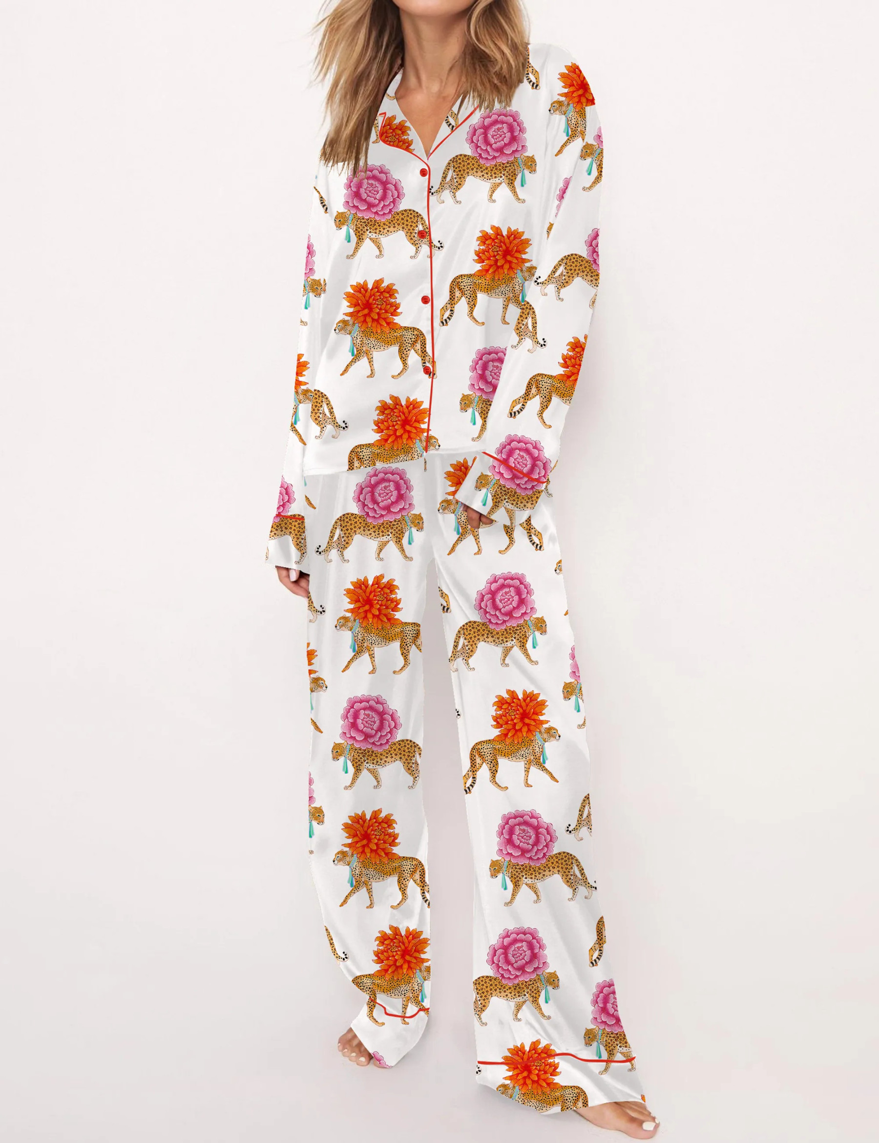 Chinoiserie Cheetah Silky Satin Pajama Set For Women