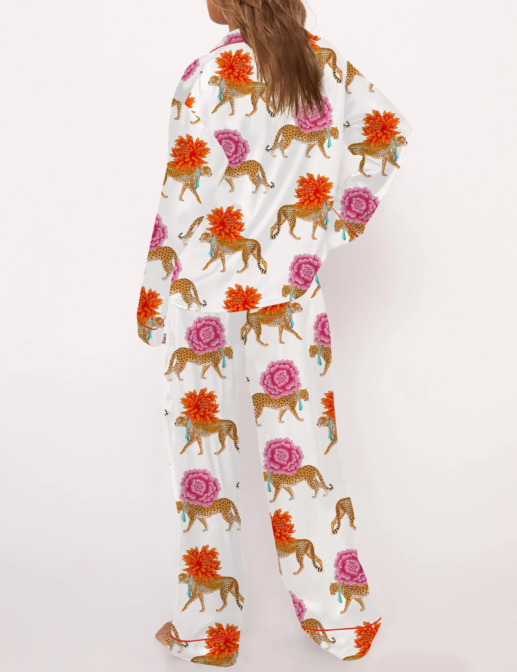 Chinoiserie Cheetah Silky Satin Pajama Set For Women