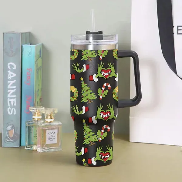 Personalized Funny Green Monster Hand Christmas Tree 40oz Insulated Tumbler with Name and Straw Birthday Christmas Gift for Family Friends